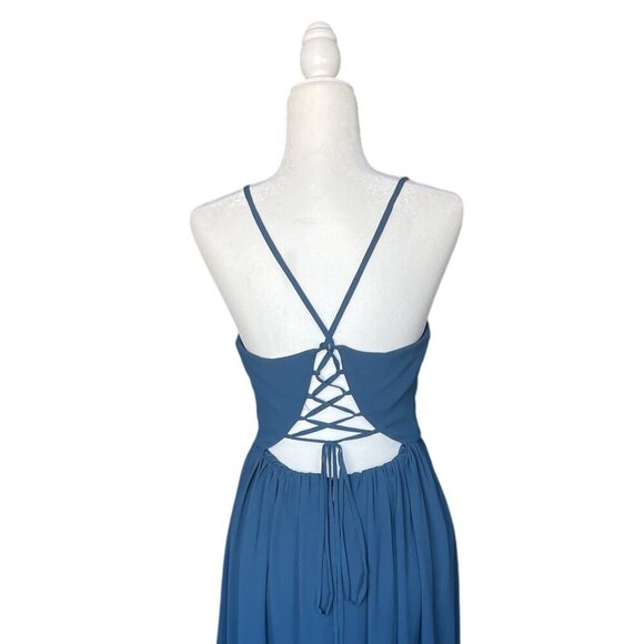 Azazie Aaida Dress Size 4 A-Line Chiffon Lace Up Ink Blue Bridesmaid Dress Maxi - Picture 6 of 10